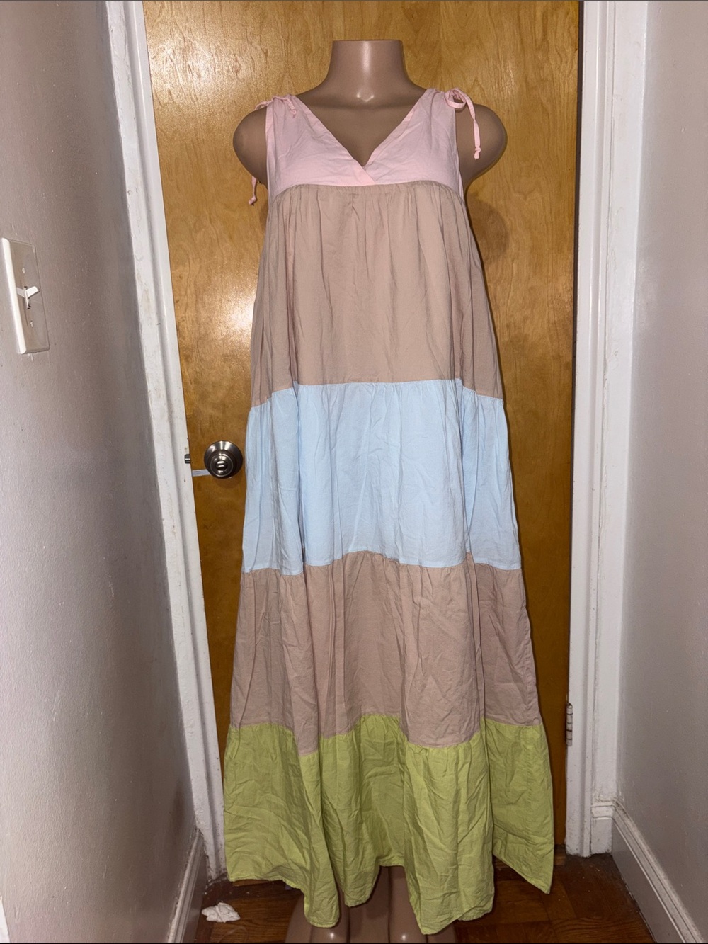 Halabaloo Colorblock Tiered Maxi Dress in Pink, Tan, Light Blue & Green